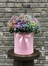 Цветочная композиция из Гипсофила и Розы в шляпной коробке в Опочке