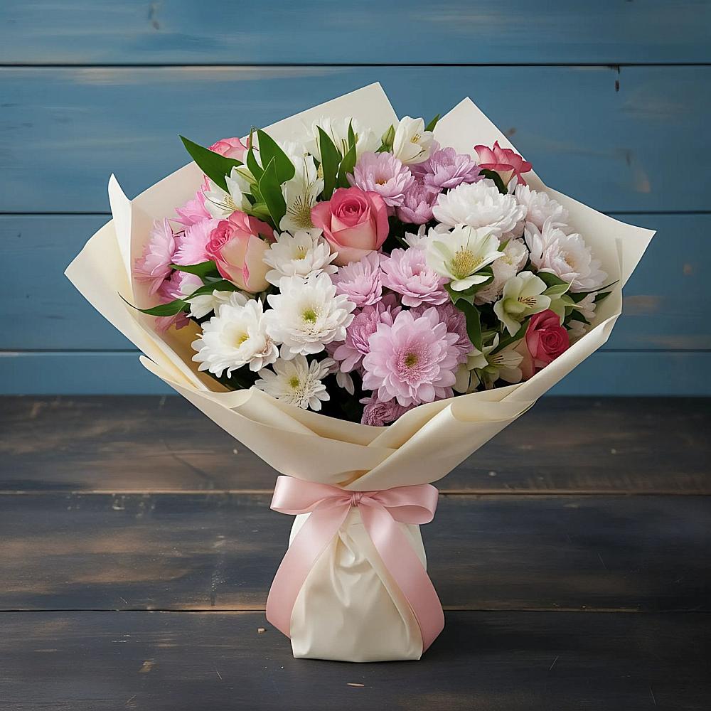 Букет цветов из: Хризантемы, Альстромерии и Розы в Опочке